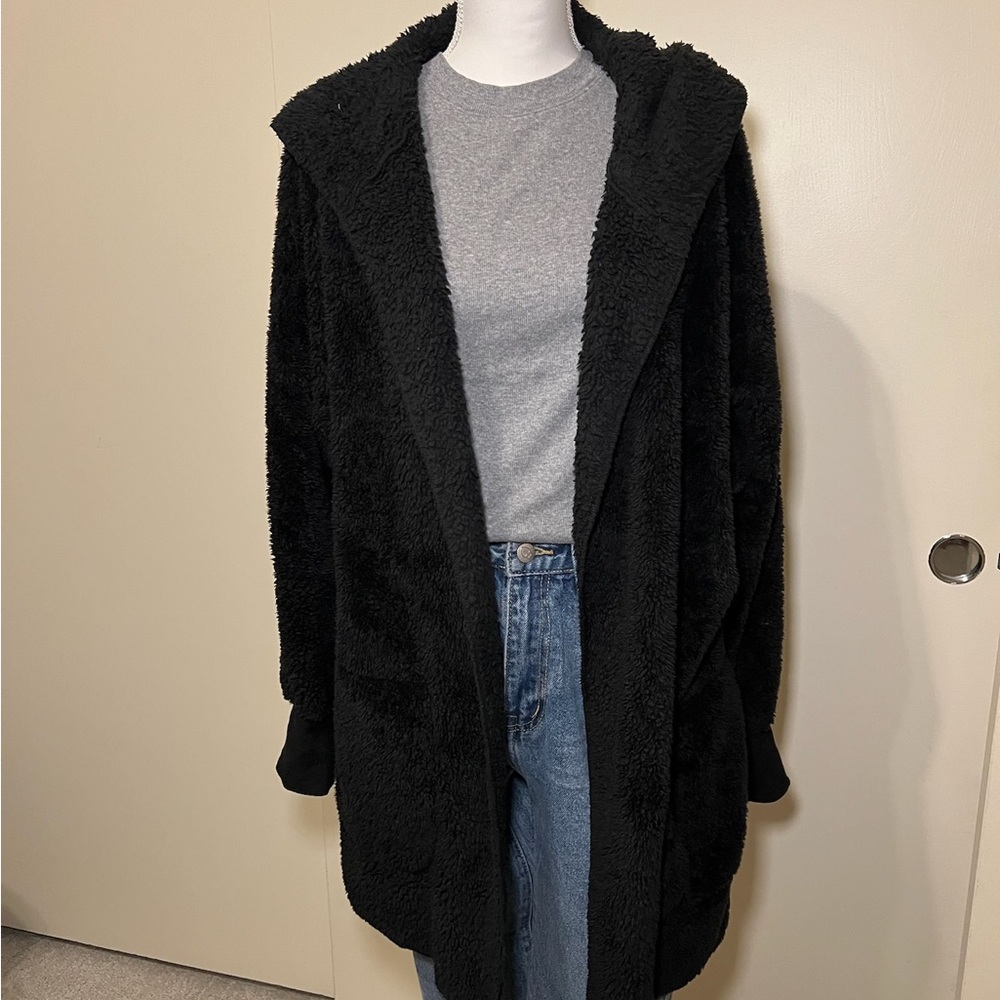 Cozy Black Hooded Women's Teddy Cardigan